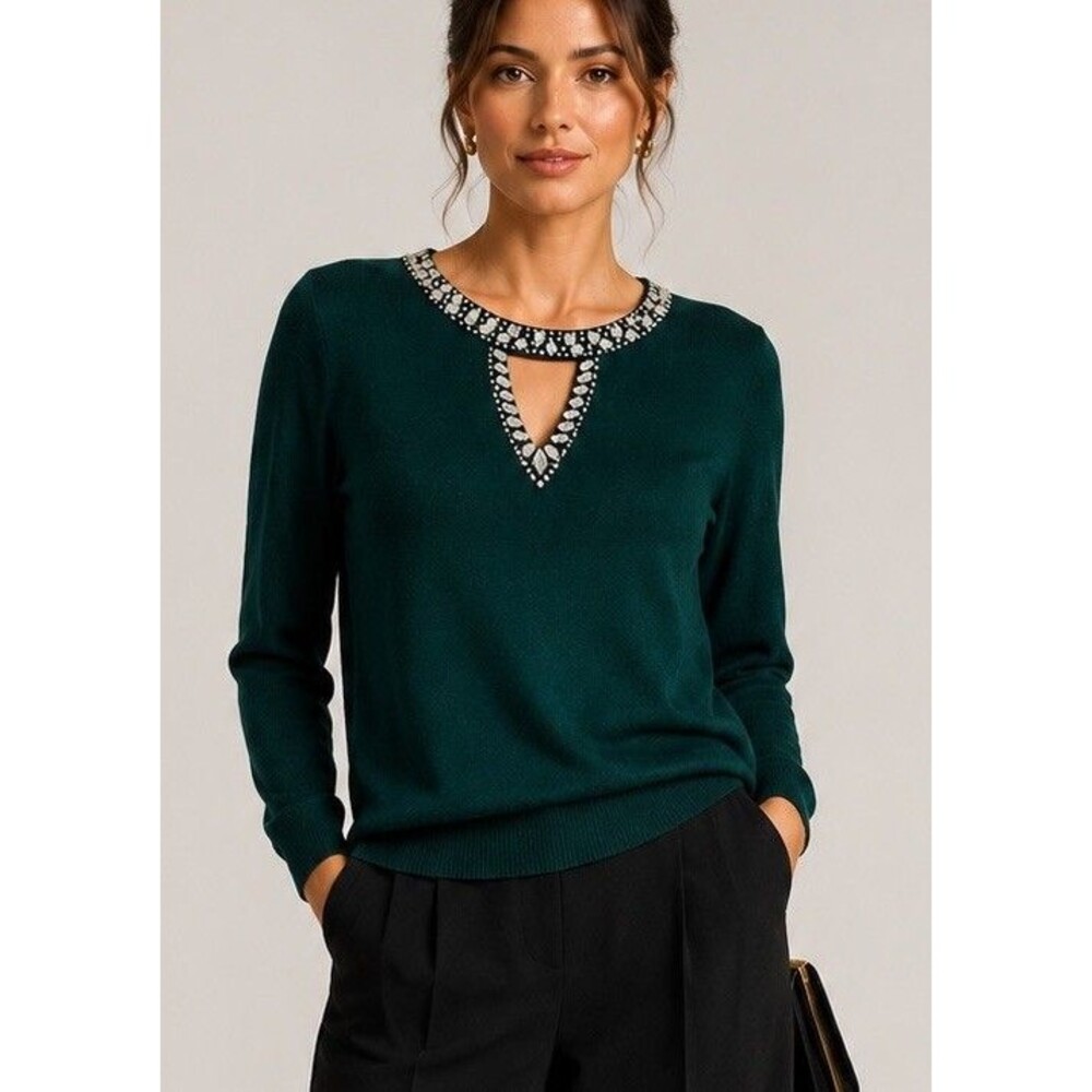 INC Embellished Rhinestone Keyhole Sweater XL Luxe Wool Silk Cashmere Blend
